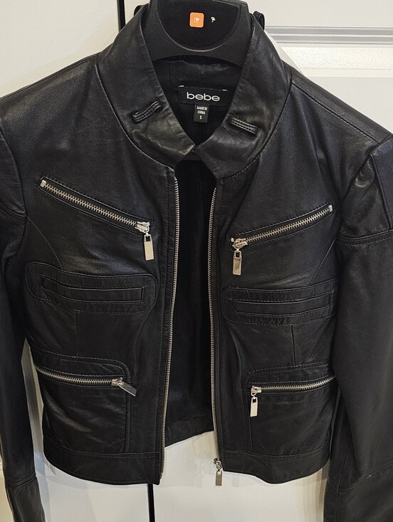 bebe Jackets & Blazers - bebe Black Moto-Style Leather Jacket with Zip Pockets